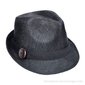 Men's Fashionable Black Sinamay Hat Fedora with Grosgrain Band and Button